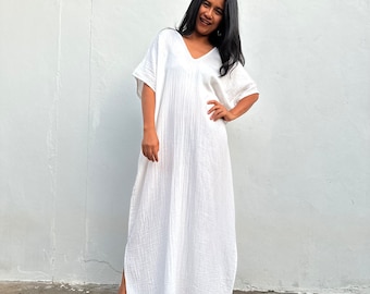 White Double Gauze Cotton Kaftan Dress DD-6 - Womens Summer Dresses, Beach Cover Ups, Vacation Caftans For Women, Cruise Party Wear