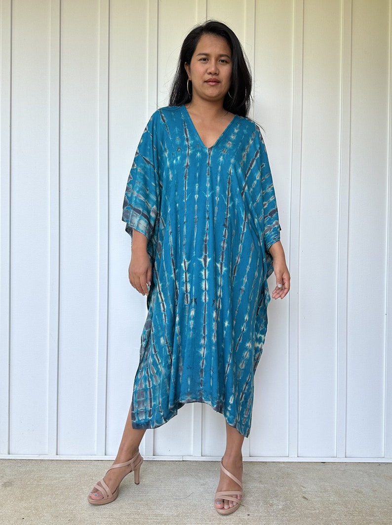 FR-26 Blue Teal tie dye Midi Kaftan, Midi dress, Tunic Beach wear, Lounge wear, Beach wear tunic, Summer dress, Resort wear, Resort kaftan image 2