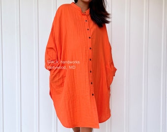 PS-7 Midi Orange Double Gauze Cotton Shirtdress 41", One size fit most, Unisex, orange shirt dress, home wear, street wear, lounge wear