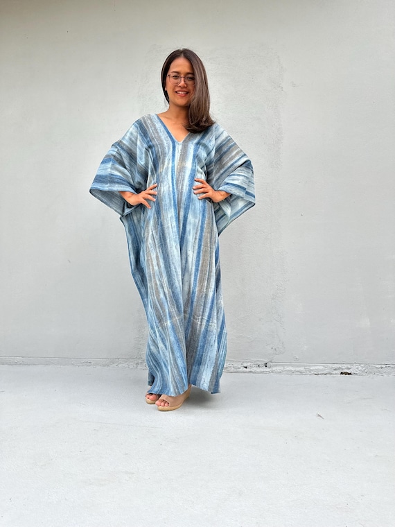 Cruise Dress, Indigo Blue Resort Dress, Natural Dye Hand Painted Kaftan, Beach Cover Ups, Tropical Vacation Sundress, Womens Clothing