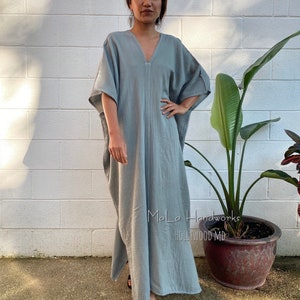 Sage Gray Double Gauze Cotton Caftan Plus Size DP-3 ~ Beach Cover Up, Kaftan Dress For Muslim Women, Bali Holiday Dress, Dubai Women Dress