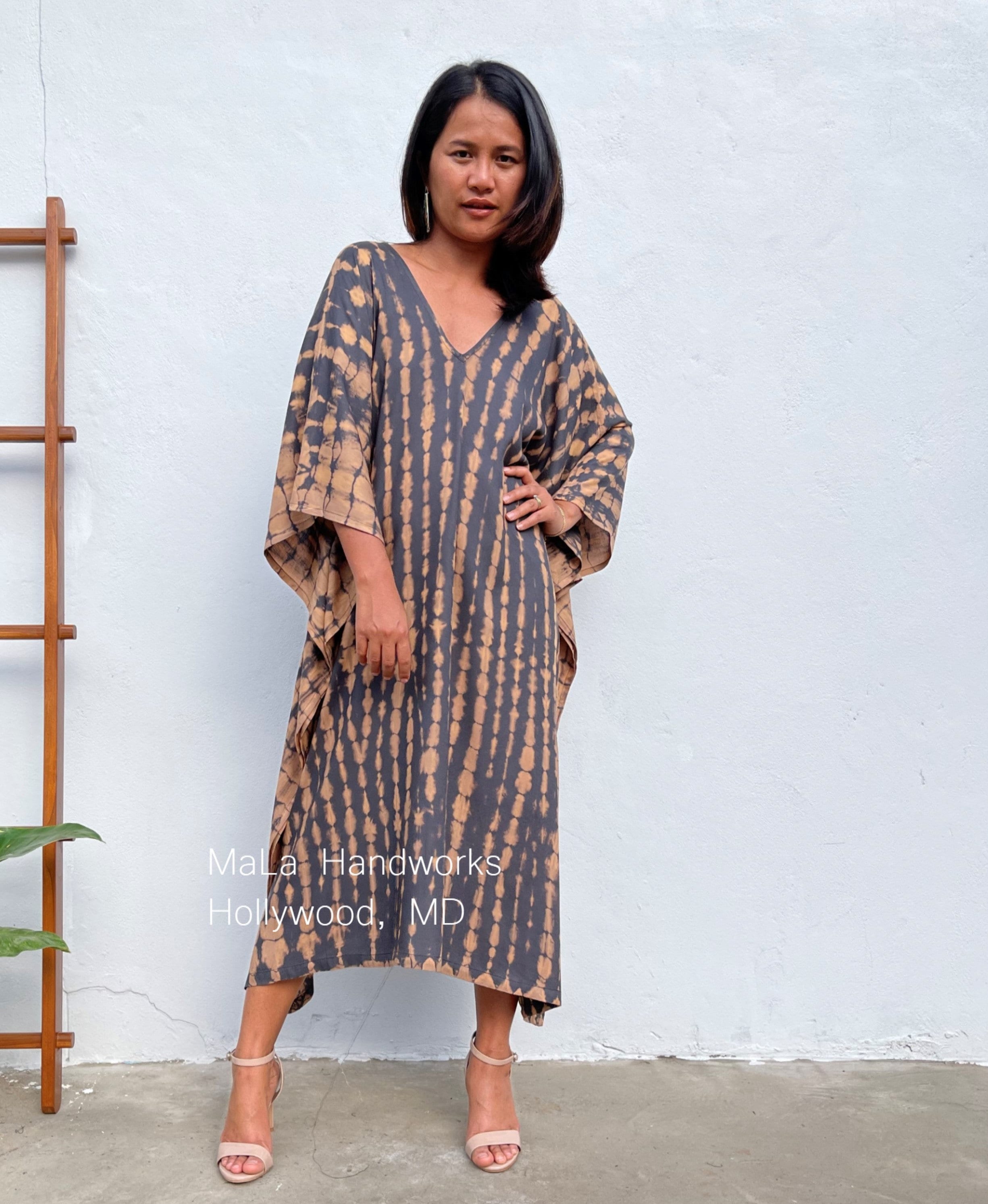 A-36 Gray w/ Brown Tie Dye Kaftan, caftan, beach, resort, vacation, c…