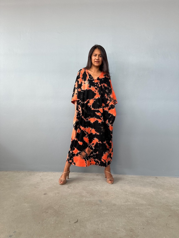 orange and black tie dye dress Black With Orange Tie Dye Cotton Jersey Kaftan CO-57 ~ Plus Size Clothing, Lounge Dress With Pockets, House Dress, Moroccan Kaftans, Gift