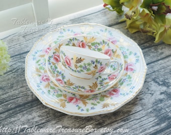 3pc set - Royal Crown Derby Stevenson & Hancock HP Roses Tea Cup and Saucer, Plate c.1861-1935