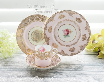 4pc set - Paragon pink gold demitasse cup and saucer, 2 plates