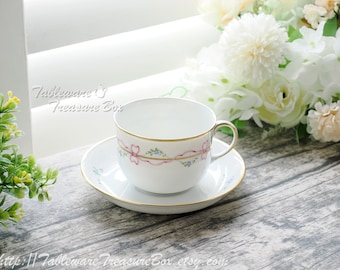 Vintage Augarten Wien Hand Painted Pink Ribbon Bows Cup and Saucer