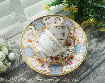 4pc set - Antique England Porcelain Hand Painted Flower Pale Blue Tea Set