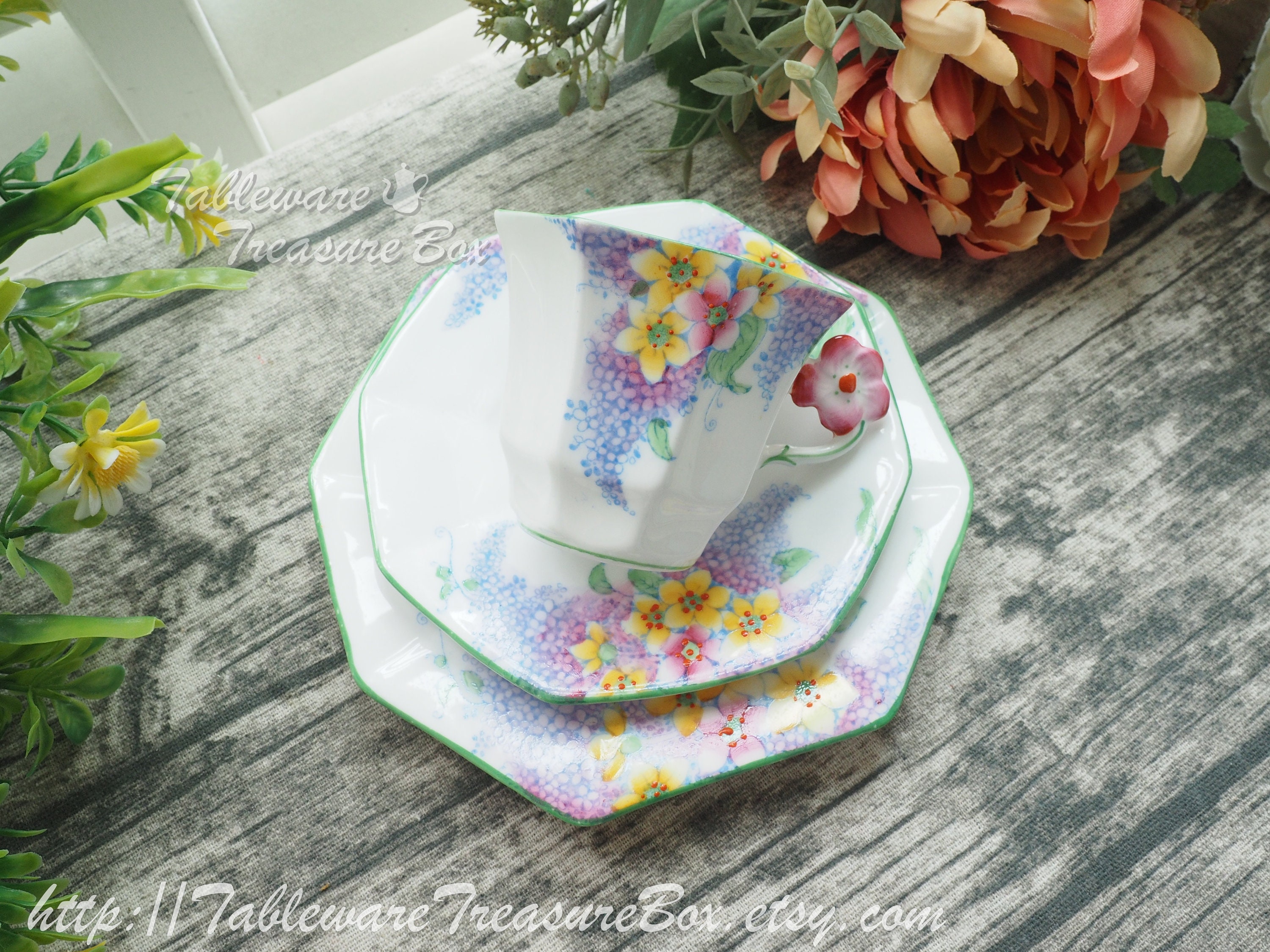 3pc Set Antique Melba Bone China Flower Handle Cup, Saucer and Plate