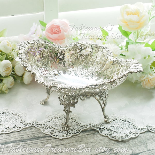 Antique England Sheffield Sterling Silver 4-feet Pierced Dish c.1902