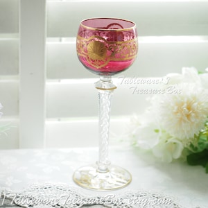 St. Louis Crystal Ruby Gold Gilded Wine Glass Goblet with Air Twist Stem