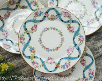 1 of 4 - Sevres Style Blue Ribbon Hand Painted Floral Plates