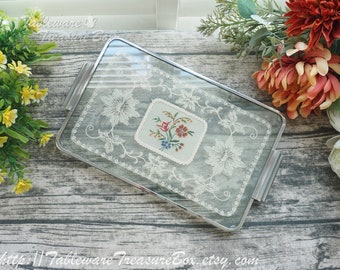 Vintage Metal Framed Glass Lace Insert Vanity Tray / Dressing Table Tray / Perfume Tray