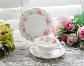 3pc set - Cauldon Pink Rose Entwined Handle Teacup and Saucer, Plate TRIO 6575A