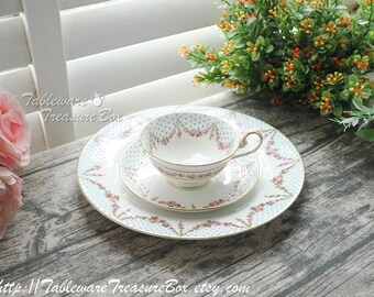 RESERVED reserved - 3pc set - Antique Crescent & Sons Turquoise Dots Teacup and Saucer, Plate