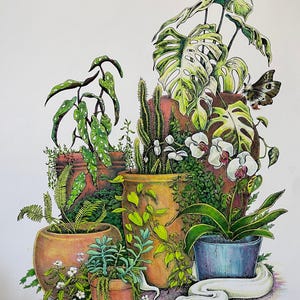 Embellished Print, Dark Botanical Illustration, Floral Art, ball Python, Symbolic Nature (18x24”)