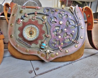 Steampunk Leather Shoulder Bag with Compass Lightweight Vintage-Style Crossbody Bag
