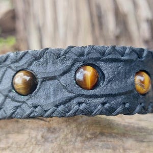 Men&#39;s Black Leather Bracelet with Tiger&#39;s Eye Beads - Adjustable Handmade Jewelry