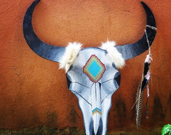 wood craft, bull skull,  Tribal painted Cow Skull , wall mounted tribal skull, Skull, Buffalo Skull, cow skull ,bull Head Decoration