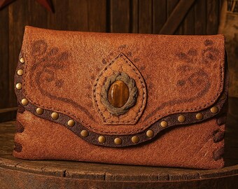 Boho Leather Tobacco Pouch with Tiger Eye Stone Handmade Roll Kit with Filter Paper Slot  Custom Name Option
