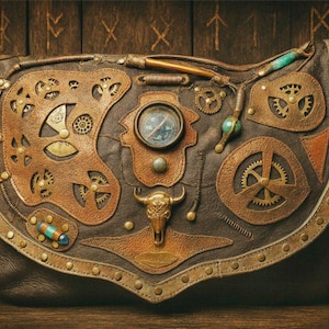 Steampunk Leather Shoulder Bag  Lightweight, Handmade with Metal Elements, Quartz & Glow in the Dark Accents
