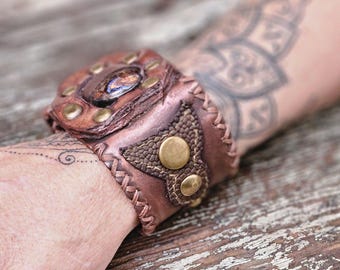handmade Viking Leather Cuff Bracelet with Opal Stone Adjustable Fantasy Wristband for Men & Women