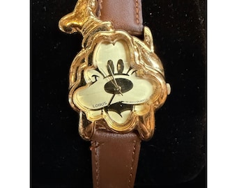 Vtg Disney Lorus Goofy Gold-Tone Quartz Watch Brown Leather Strap New Battery Works
