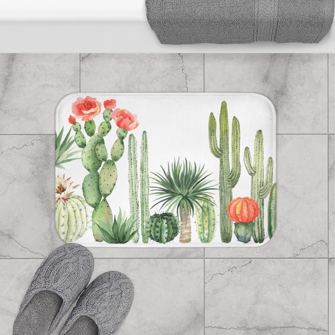 Cactus Print Bath Mat Cacti Flowers Bathroom Rug Etsy UK
