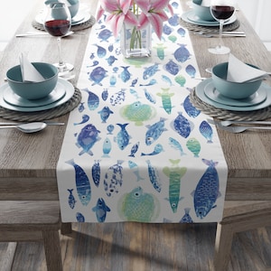 Blue Teal Aqua Color Set of Fish Print Table Runner Lake House Party Table Decor Blue Fish Pastel Kitchen Patio Table Cloth White Background