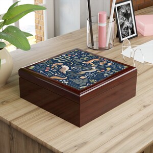Woodland Animals Jewelry Case Wooden Keepsake Box Dark Background Fairy Forest Gift for Grandma, Mom, Aunt, Girls, Friends