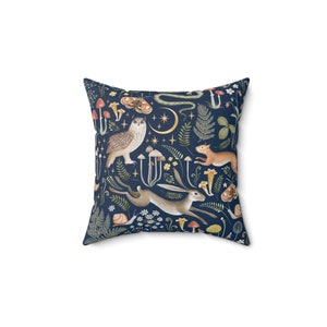 Woodland Animals Mushroom Forest Print on Dark Background Square Throw Pillow Dark Blue Home Decor Living Room Pillow