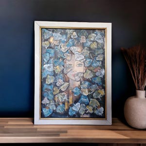 Woman’s Face in Leaves – Original Acrylic Painting on Canvas, Botanical Wall Art, Nature Inspired Modern Home Decor, Unframed