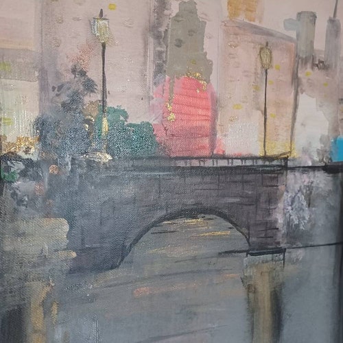 ORIGINAL Painting, Landscape, Golden, shops Bridge, Acrylic Art, Luxury Wallart