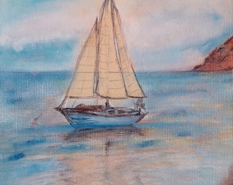 オリジナルの帆船の絵画 – オイルパステルによる航海風景、A4サイズ