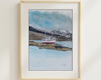 Personalized Norwegian Boat Painting – A4 Coastal Landscape Art