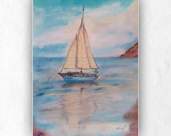 May include: An original painting depicting a sailboat on the water. The artwork shows a sailboat with a beige sail, set against a backdrop of a blue sky and ocean. A small island is visible in the distance. The painting is signed in the bottom right corner.