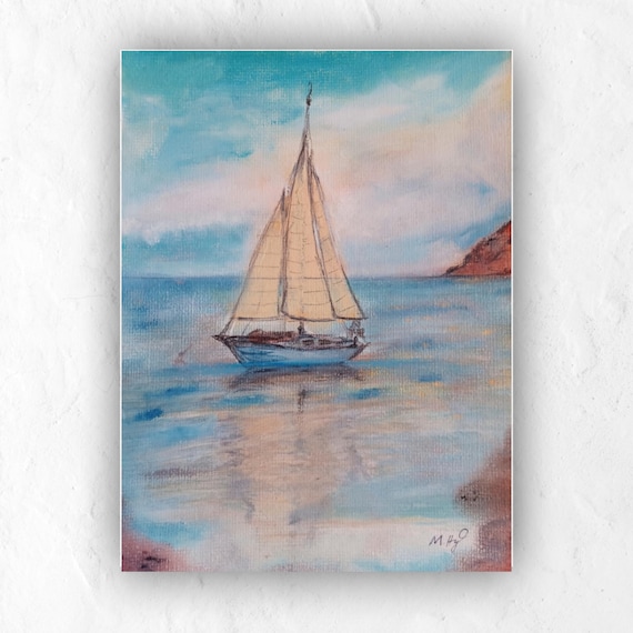 オリジナルの帆船の絵画 – オイルパステルによる航海風景、A4サイズ