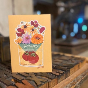 Carte de voeux vintage avec tomates et fleurs sauvages, parfaite pour les anniversaires et la fête des mères