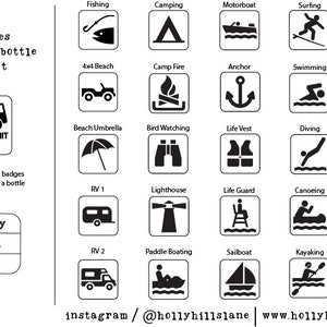 May include: Black and white graphic icons representing activities at the New Jersey beaches. The icons include fishing, camping, motorboating, surfing, water skiing, 4x4 beach driving, camp fire, anchor, swimming, scuba diving, beach umbrella, bird watching, life vest, diving, scuba mask, RV, lighthouse, lifeguard, canoeing, windsurfing, paddle boating, sailboat, kayaking, and rowing. The text "NJ beaches message in a bottle ornament" is at the top of the image. The text "4x4 with NJDEP Permit Only" is in a square at the top left of the image. The text "cape may season" is in a square at the bottom left of the image. The text "instagram/@hollyhillslane www.hollyhillslane.com" is at the bottom of the image.
