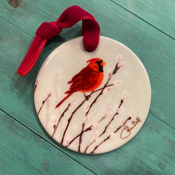 Kardinaal kerstornament gemaakt op basis van originele Jen Bell-kunstwerken - Ceramic Memorial Gift