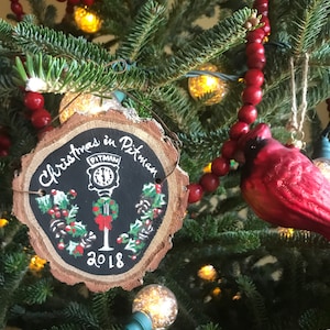 Your Town Christmas Ornament Personalized Featuring Your Town's Clock with Evergreen Wreath
