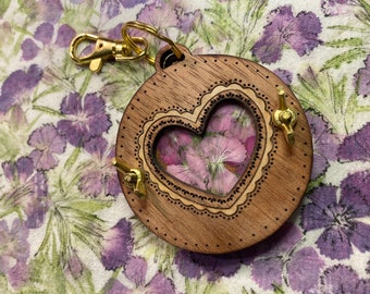 Victorian Heart Pocket-size Flower Press Keychain in Mahogany with Oak Inlay. Great wedding favor, shower favor, or Hiking Accessory