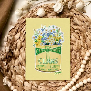 Carte de voeux vintage Fleurs sauvages dans une boîte de conserve de palourdes, parfaite pour le printemps, la fête des mères et les anniversaires