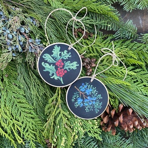 Set of 2 Handpainted Botanical Christmas Ornaments with Holly, Pine or Juniper in Gift Box