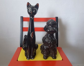 Atomic Age Ceramic Poodle/ Cat Figurines/ Mid Century Pet Statues/ Vintage Kitsch Ceramics