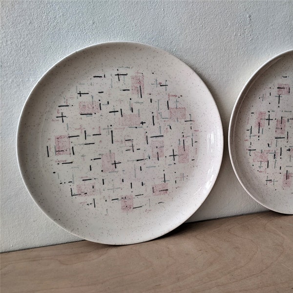 Vernon Ware "Tickled Pink" Ceramic Dinner Plates/ Midcentury Dinnerware/ Collectible Ceramic/ 1950s/ Atomic Age