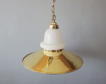 Vintage UFO/ Flying Saucer Pendant Lamp/ Milk Glass and Bronze Hanging Light/ c. 1970&#39;s