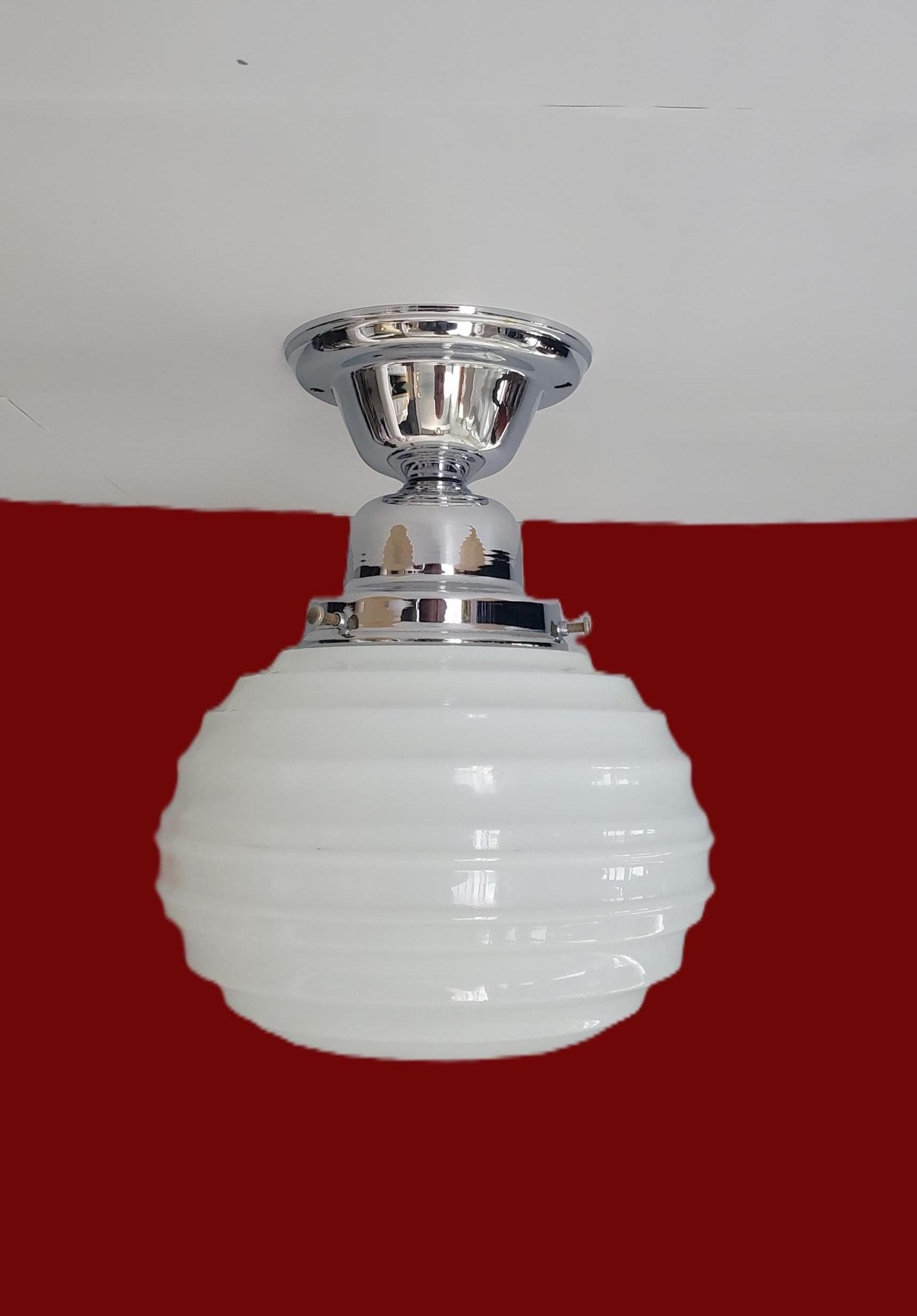 Vintage Art Deco Milk Glass Ceiling Lamp/ Beehive Light Fixture/ Chromed Steel Semi-Flush Mount Light/ 1940's