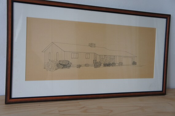 Architectural Rendering Mid Century Modern House Framed Drawing