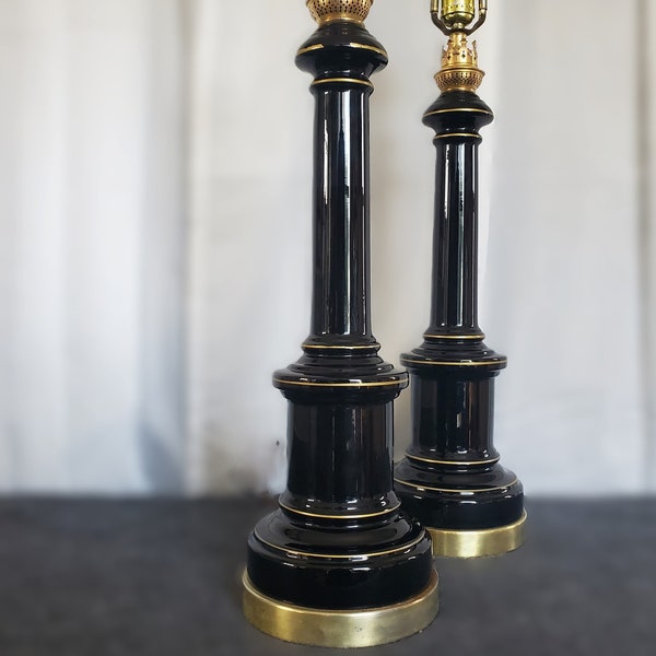 Mid Century Colonial Porcelain Column Lamps/ Black Ceramic Table Lamps/ Vintage Buffet Lamps