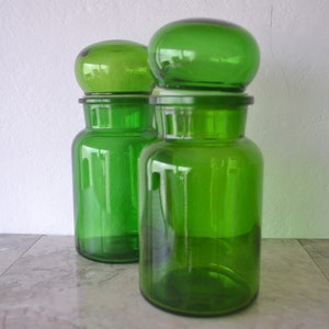 Vintage Belgian Apothecary Jars/ Green Glass Bubble Top Containers/ Danish Modern Glassware